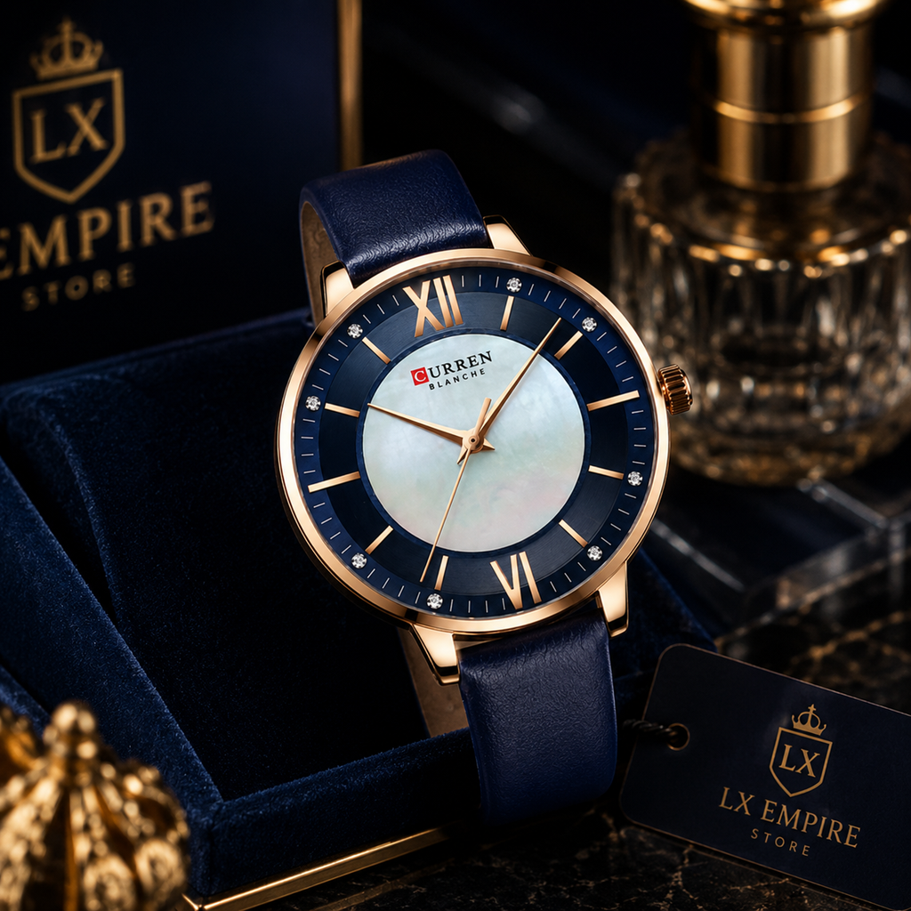 Luxury watch with blue strap and gold accents on a dark background with LX Empire branding.