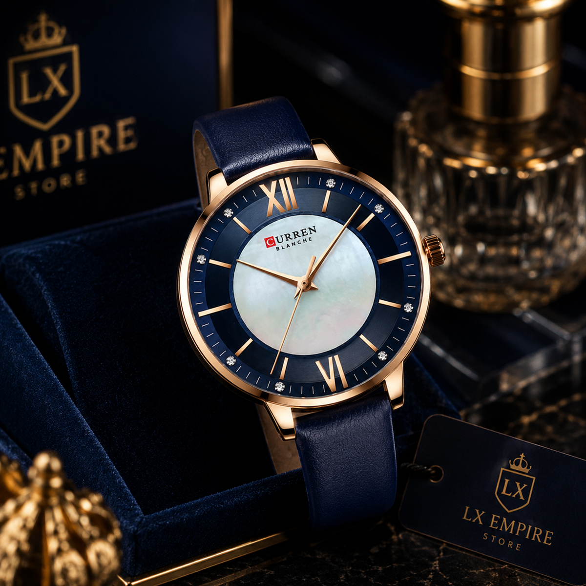Luxury watch with blue strap and gold accents on a dark background with LX Empire branding.
