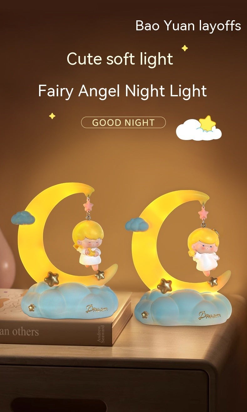 LX EMPIRE Good Night Little Angel night light with a yellow moon, clouds, and a hanging angel figure.
