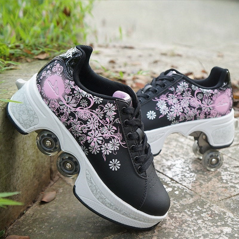LX EMPIRE black roller shoes with pink floral print and four wheels. Perfect for TikTok creators.