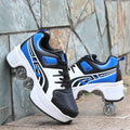 LX EMPIRE black, white, and blue four-wheeled pulley shoes with thick soles and lace-up closure.
