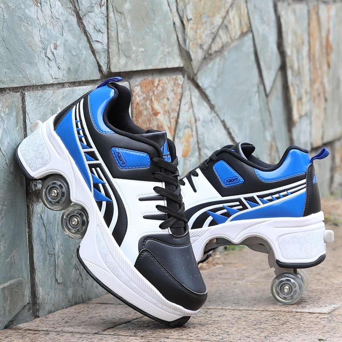 LX EMPIRE black, white, and blue four-wheeled pulley shoes with thick soles and lace-up closure.