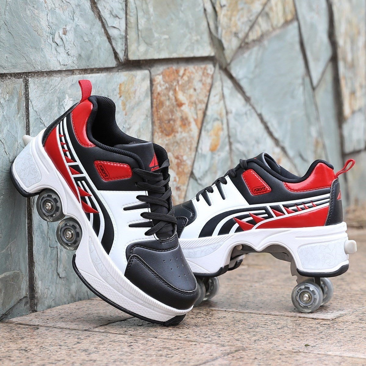 LX EMPIRE black, white, and red four-wheeled pulley shoes for men and women with lace-up closure and thick soles.