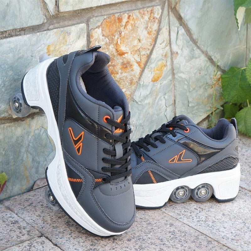 LX EMPIRE dark grey and orange four-wheeled pulley shoes for men and women, with lace-up closure and thick soles.