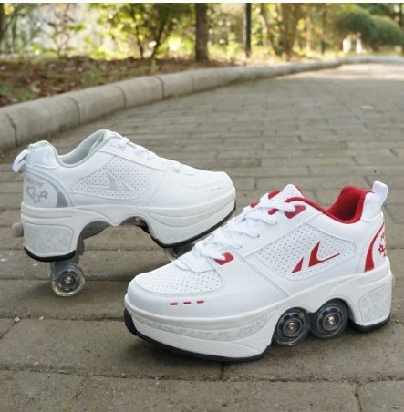 LX EMPIRE white four-wheeled pulley shoes with red accents for men and women, featuring a thick sole and athletic design.