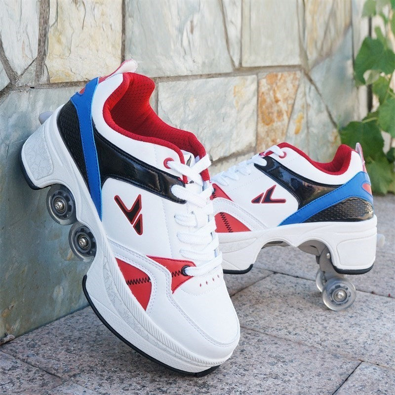 LX EMPIRE white, red, and blue four-wheeled pulley shoes for men and women with lace-up closure.