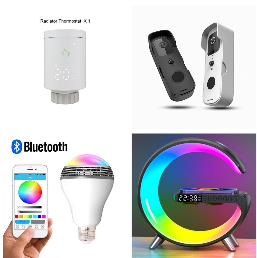 LX EMPIRE G-shaped LED lamp with Bluetooth speaker, wireless charger, and RGB atmosphere lighting. Features a digital clock.