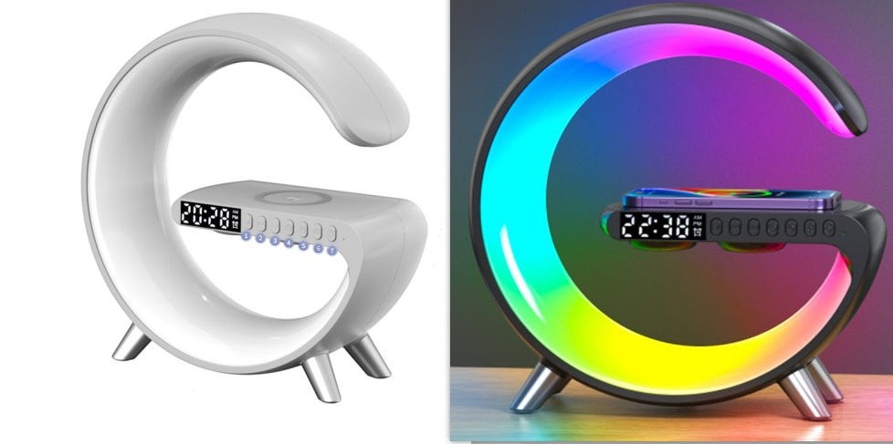 LX EMPIRE G-shaped LED atmosphere lamp with Bluetooth speaker, wireless charger, and digital clock. Available in white and black.
