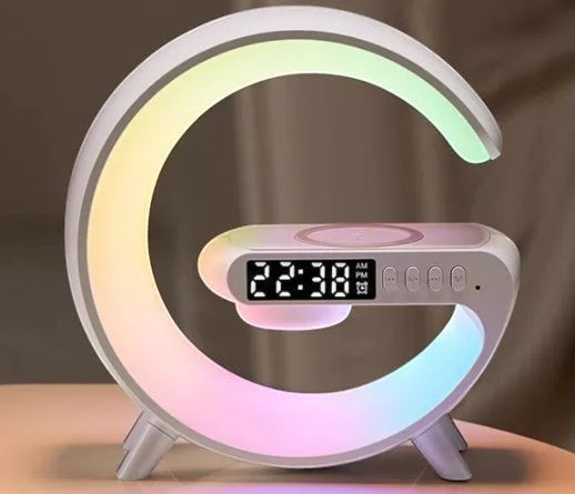 LX EMPIRE G-shaped LED lamp with wireless charger, Bluetooth speaker, and RGB mood lighting. Features a digital clock display.