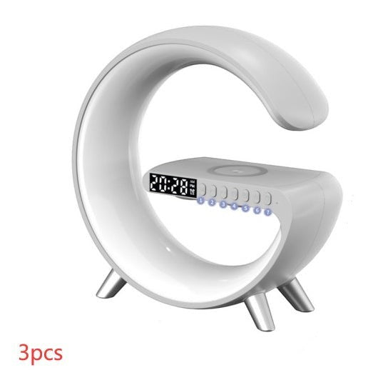 LX EMPIRE white G-shaped LED lamp with Bluetooth speaker, wireless charger, and digital clock display.