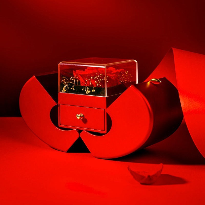 LX EMPIRE red apple shaped jewelry box with preserved rose and hidden drawer, perfect for gifts.
