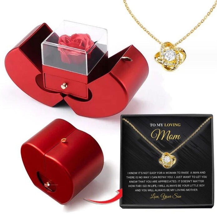 LX EMPIRE red apple-shaped jewelry box with preserved rose and gold necklace for Mother's Day gift