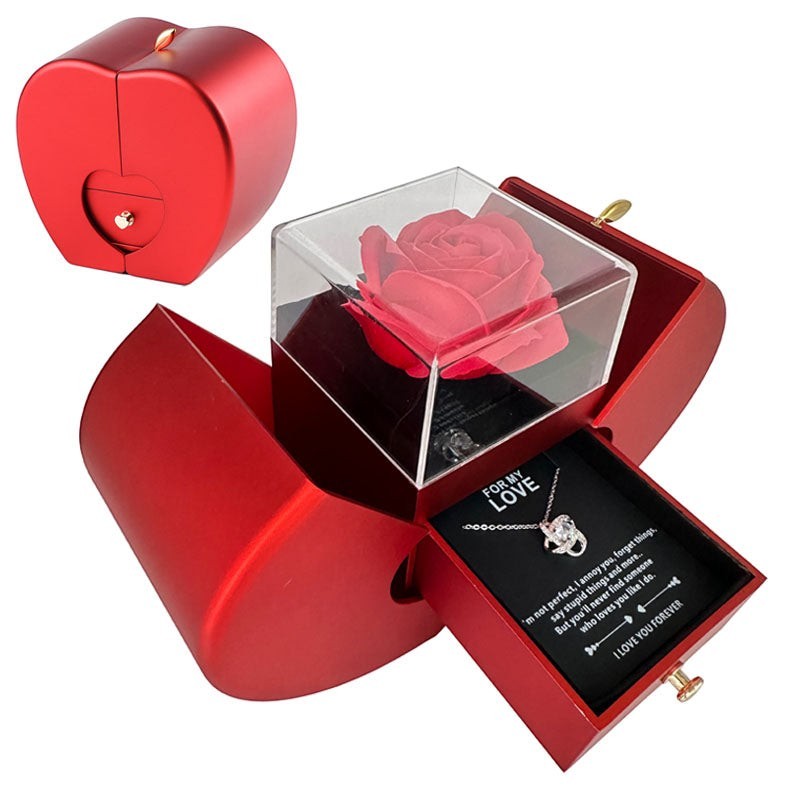 LX EMPIRE red apple shaped jewelry box with preserved red rose and "I Love You Forever" necklace.