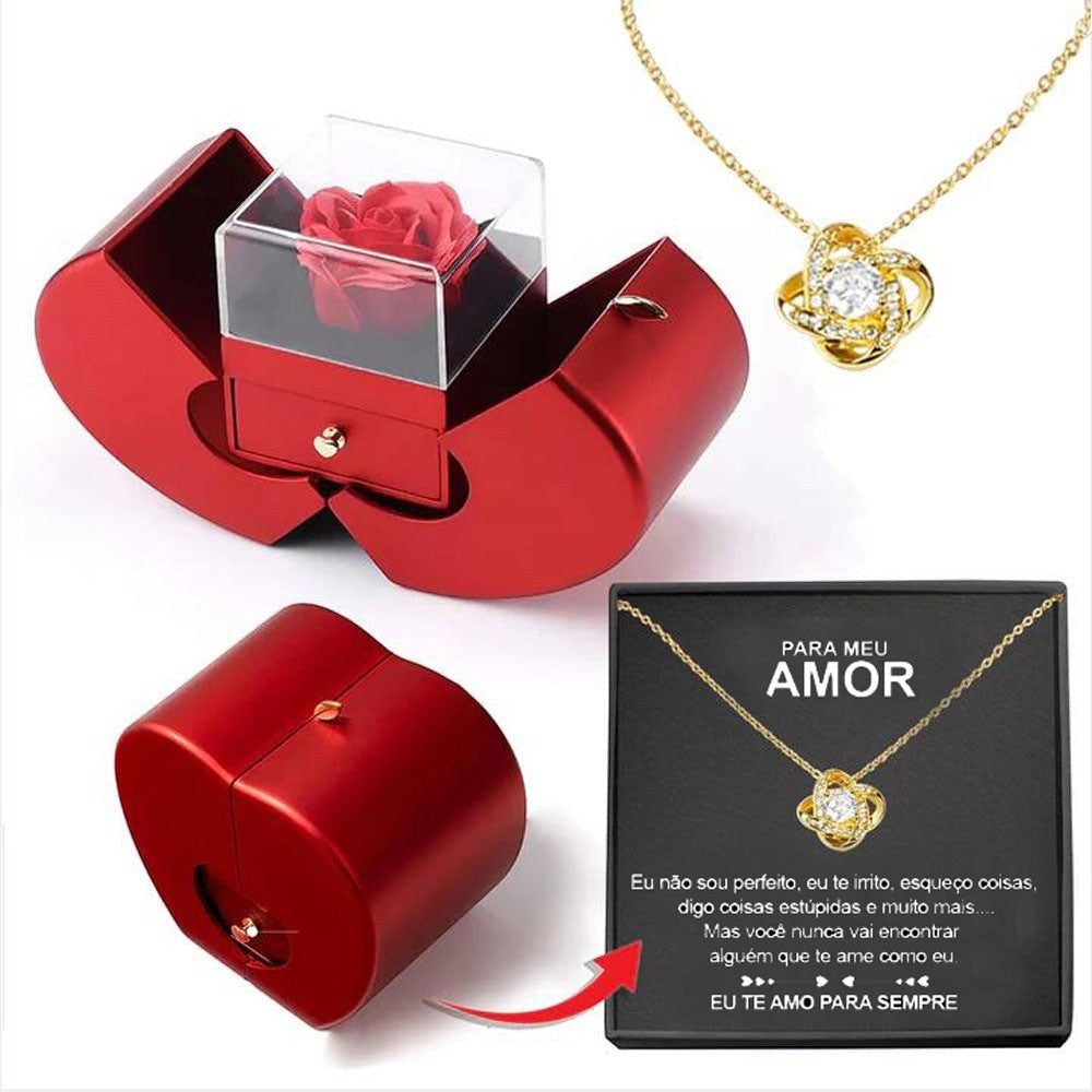 LX EMPIRE red apple jewelry box with preserved rose and gold knot necklace, perfect for gifts.