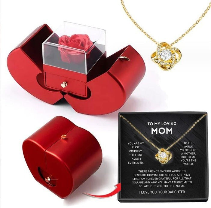 LX EMPIRE red heart-shaped jewelry box with preserved rose and gold knot necklace for mom