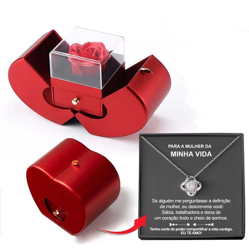 LX EMPIRE red heart-shaped jewelry box with preserved rose and drawer, includes silver necklace with knot pendant.