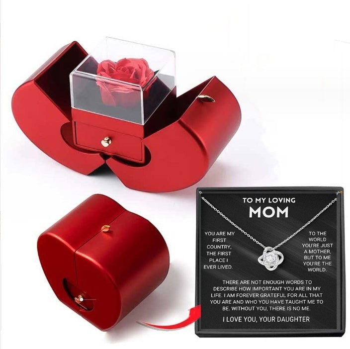 LX EMPIRE red heart-shaped jewelry box with preserved rose and "To My Loving Mom" necklace gift set.