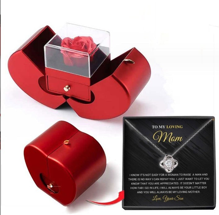 LX EMPIRE red heart-shaped jewelry box with preserved rose and "To My Loving Mom" necklace gift set.