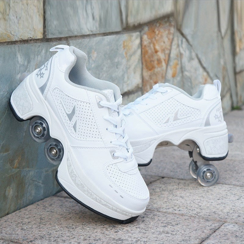 LX EMPIRE white four-wheeled pulley shoes with lace-up closure and perforated details.