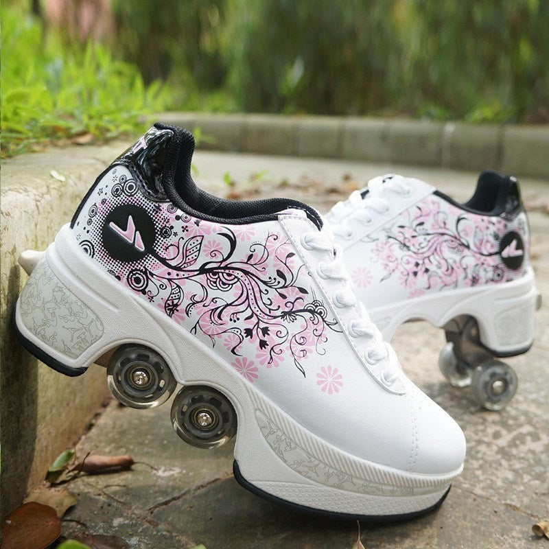 LX EMPIRE white roller shoes with pink floral print and four wheels. Perfect for TikTok creators.