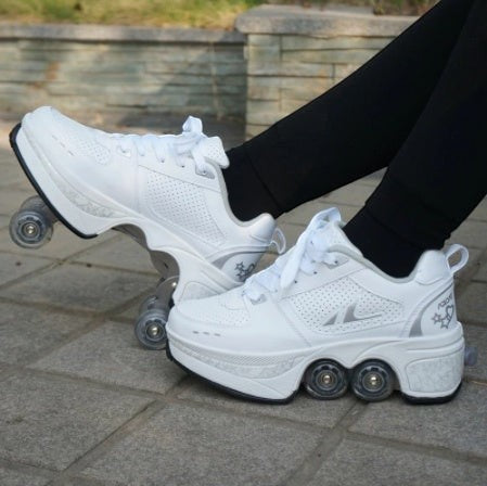 LX EMPIRE white four-wheeled pulley sneakers with silver accents and perforated details. Unisex design for skating and content creation.