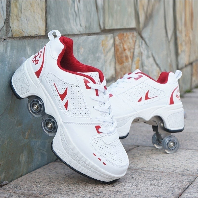 LX EMPIRE white and red four-wheeled pulley shoes for men and women, street style sneakers with LED accents.