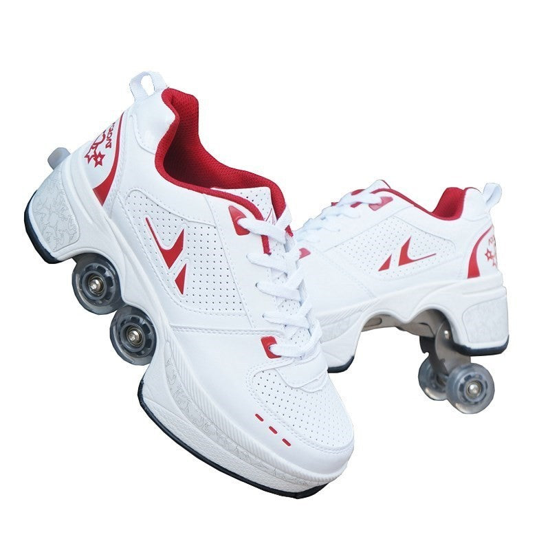 LX EMPIRE white and red four-wheeled pulley shoes for men and women. Futuristic streetwear design with smooth gliding.
